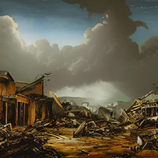 Prompt: a painting of an apocalypse scene of a destroyed town, only panda are alive