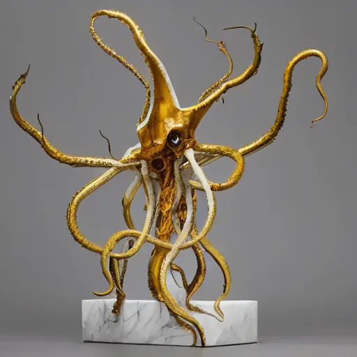 Prompt: white marble with gold accents, cloth draped over a head, tentacles limbs, by ellen jewett
