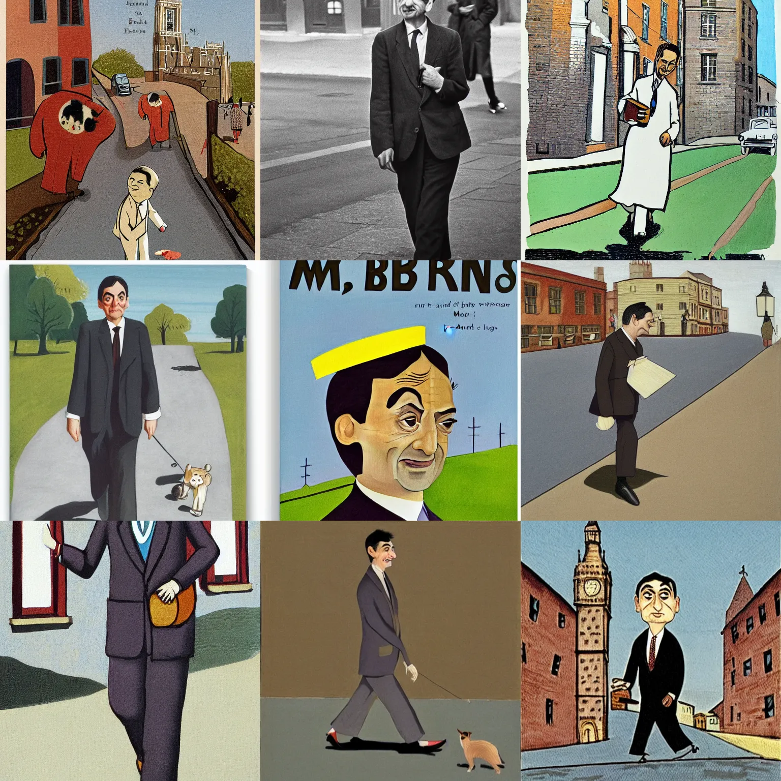 Prompt: mr. bean walks down a street on a sunny day by mary adshead