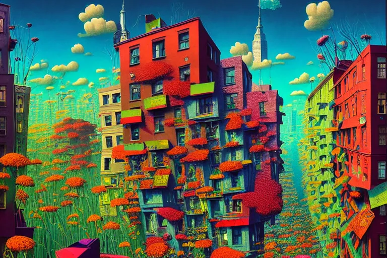 Prompt: surreal glimpse into other universe, new york, summer morning, very coherent and colorful high contrast, art by!!!! gediminas pranckevicius!!!!, geof darrow, floralpunk screen printing woodblock, dark shadows, hard lighting, stipple brush technique,