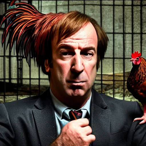 Image similar to saul goodman and a rooster in a medieval torture chamber, saw blades and knives in the background, horror movie, saul goodman, rooster!!!!, real life photo, highly detailed face