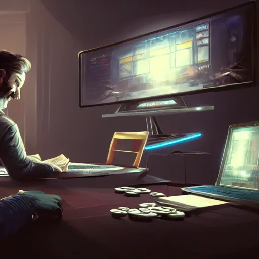 Prompt: realistic rich man using laptop in gaming room, money floating in air, artstation trends, sci fi concept art, highly detailed, intricate, sharp focus, digital art, 8 k