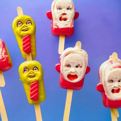 Image similar to close up menu of ice cream popsicles shaped like screaming chucky dolls on side of ice cream truck