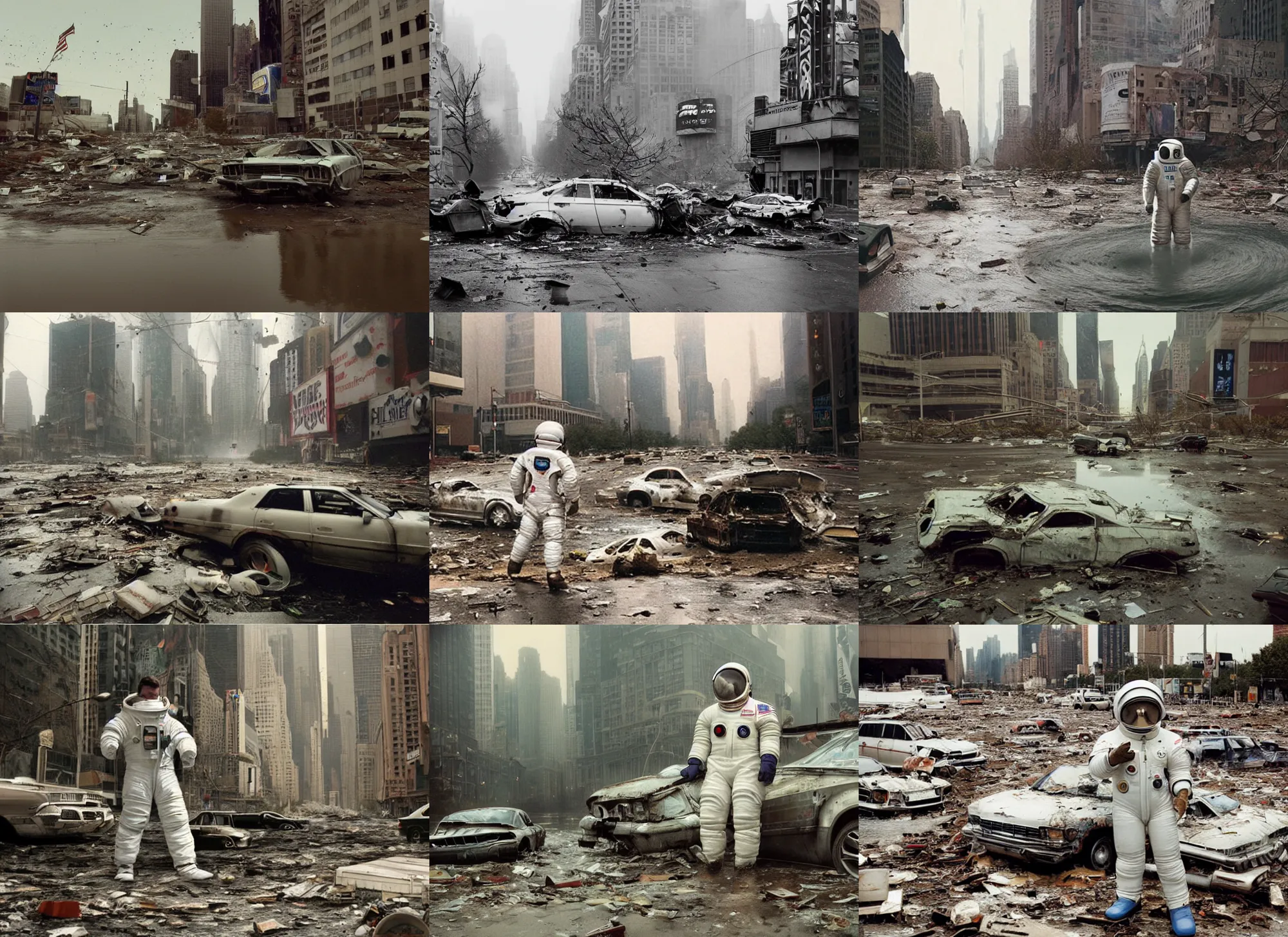 Prompt: very realistic photographs of american white spacesuit chubby astronaut in giant flood postapocalyptic abandoned destroyed flooded with water times square, wrecked buildings, destroyed flipped wrecked cars, pinhole photo, vintage, neutral colors, documentary still by gregory crewdson