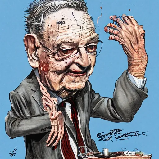 Image similar to George Soros full body shot, dollar bills Body horror, biopunk, by Ralph Steadman, Francis Bacon, Hunter S Thompson