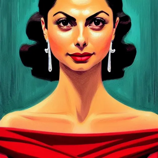 Prompt: a beautiful Morena Baccarin in 1950's fashion, library background, intricate, highly detailed, digital painting, artstation, official media, anime key visual, concept art, rich vivid colors, ambient lighting, sharp focus, illustration, art by Artgerm, Makoto Shinkai, Ilya Kuvshinov, Lois Van Baarle, and Rossdraws