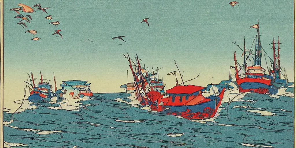 Image similar to three modern fishing boats hauling tuna with their nets, Full color woodblock print by Hiroshi Yoshida showing