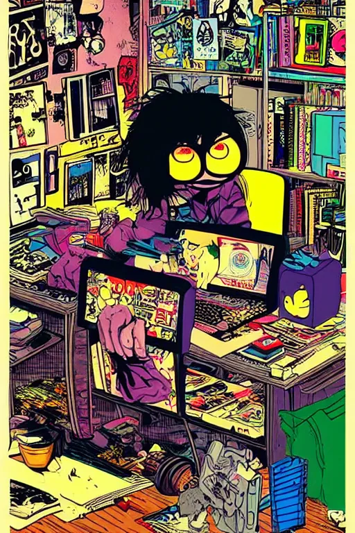 Image similar to nerdy goth guy, cluttered messy 9 0 s bedroom, by jamie hewlett, jamie hewlett art, vaporwave, 9 0 s aesthetic, 9 0 s vibe,