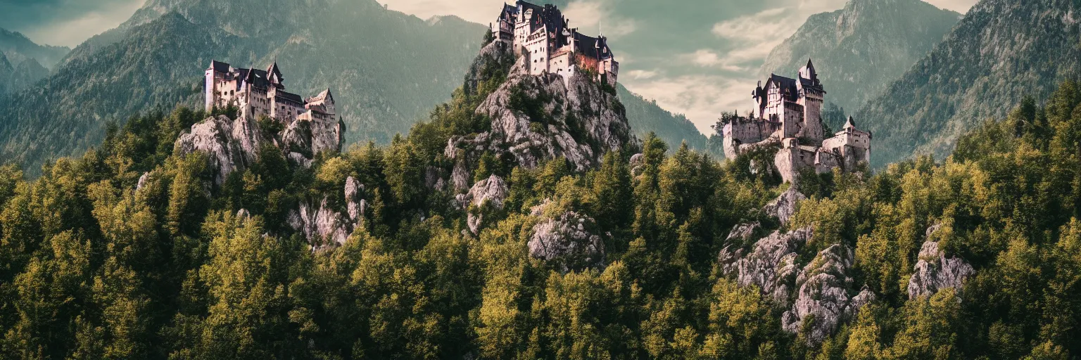 Prompt: cinematic view of in the middle of the mountain floats a castle hanging by cables and chains, 8 k resolution