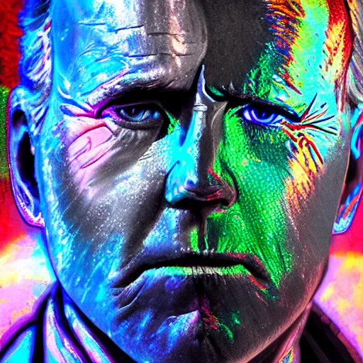 Prompt: portrait of basalt robot face, joe biden, iridescent colors, faceted reflections, angry looking at camera, lasers shooting out of eyes, outdoor, black sky, 8 k, realistic, depth of field, highly detailed, award winning photography.