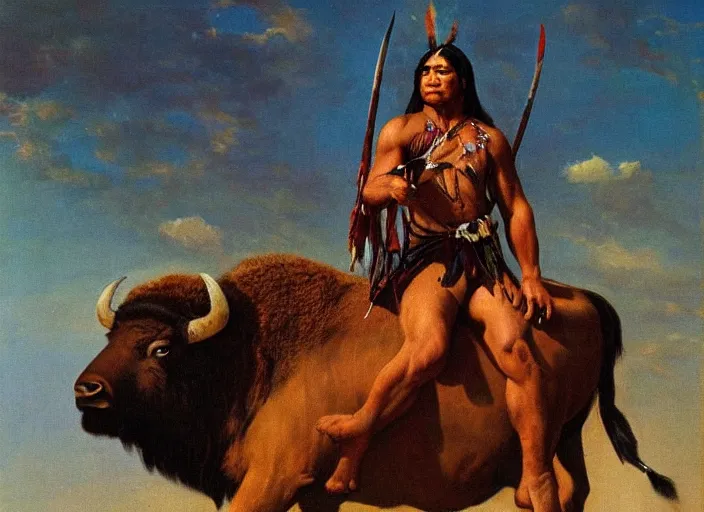 Image similar to powerful native american warrior!! beautiful native american sitting on bison, buffalo, nineteenth century painting, painted by frank frazetta