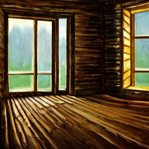 Image similar to oil painting of mostly empty cottage interior, one small window with sunlight shining onto the floor. artistic. cozy. wooden floor. rustic. solace.