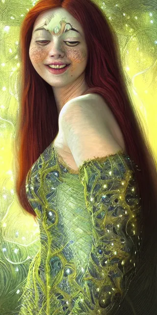 Image similar to adorable woman, serene smile surrounded by golden firefly lights, amidst nature fully covered by a intricate detailed dress, long red hair, precise linework, accurate green eyes, small nose with freckles, smooth oval shape face, empathic, expressive emotions, nocturnal spiritual scene, hyper realistic ultrafine art by artemisia gentileschi, jessica rossier, boris vallejo