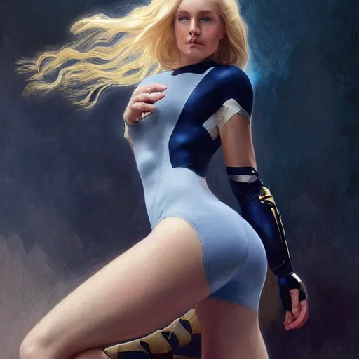 Image similar to a beautiful portrait of a beautiful strong cute young superhero woman, shoulder - length blonde hair, tight solid matte navy blue lycra bodysuit, white cape, body, muscles, intricate, elegant, 8 k, highly detailed, digital painting, concept art, smooth, sharp focus, illustration, by artgerm greg rutkowski alphonse mucha loish wlop