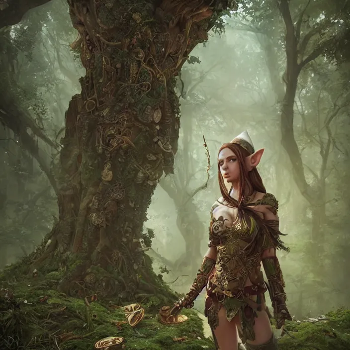 Prompt: intricate detailed portrait of a fantasy female elf on a beautiful forest meadow, temple ruins surrounded by lush forest, morning, art by Aykut Aydogdu and Tyler Edlin, Artgerm, atmospheric lighting, octane render, substance painter, iridescent accents