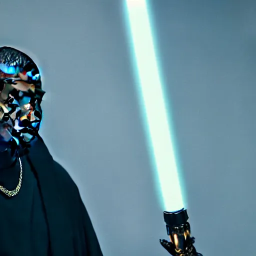 Prompt: kanye west as the pope with a lightsabre, movie still, detailed face, photorealistic facial features, cinematic lighting, dramatic, octane render, long lens, shallow depth of field, bokeh, anamorphic lens flare, 8 k, hyper detailed, 3 5 mm film grain