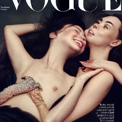 Image similar to stunning vogue magazine photo of dark - haired goddesses vanessa kirby, hailee steinfeld, and bjork smiling, legs intertwined, laying back on the bed, with wet faces!!, wet lips, perfect eyes, insanely detailed, elegant, by rutkowski, livia prima, mucha, wlop,