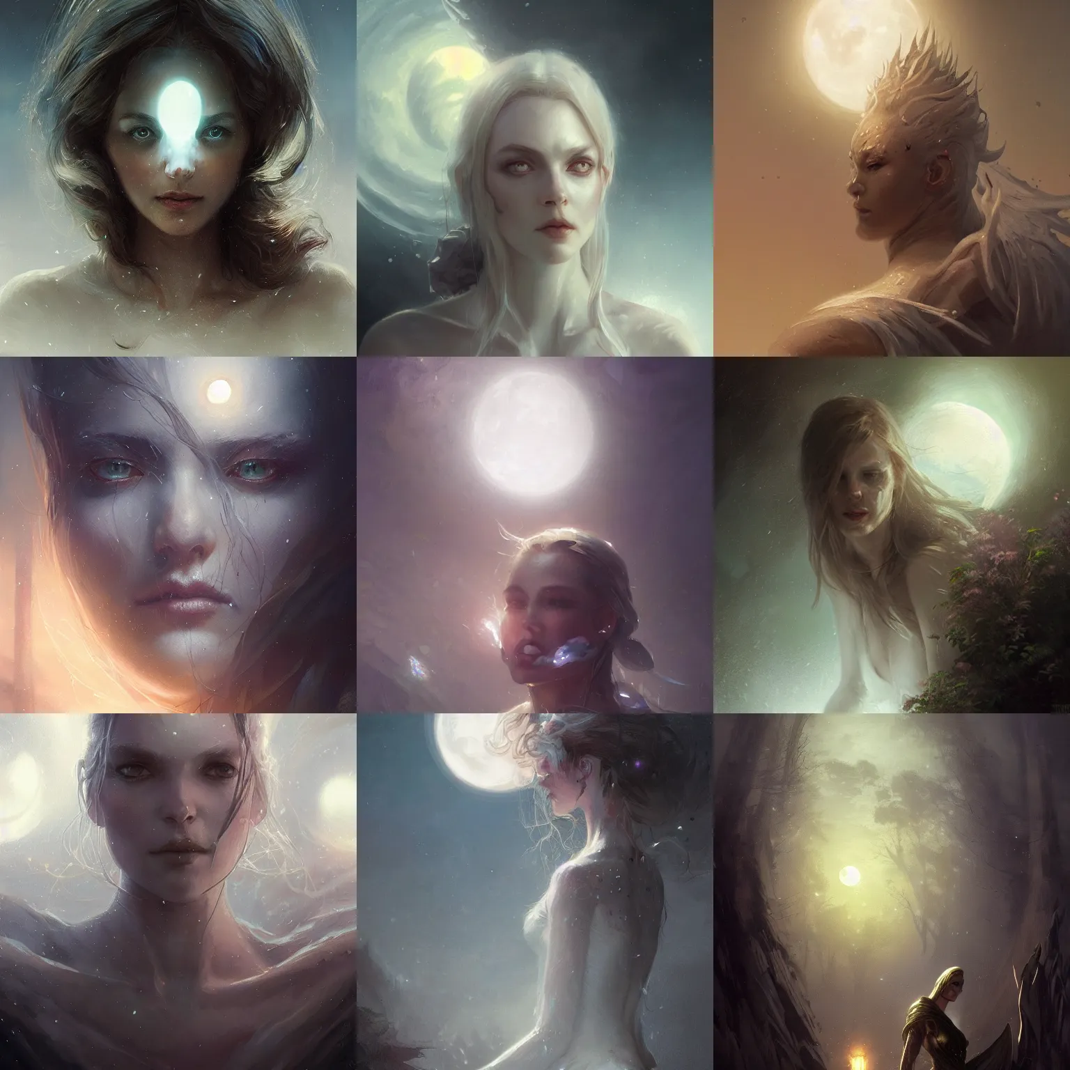 Prompt: close detail portrait white transparent wight, mystical, digital fantasy art, hands straight down, float under moon light at night, at late evening by greg rutkowski and thomas kinkade, Trending on artstation