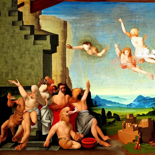 Image similar to god playing minecraft, renaissance painting