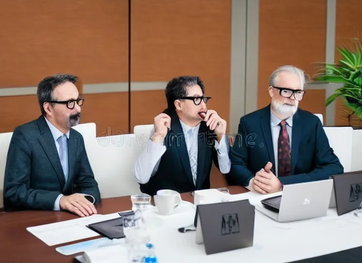 Prompt: photo of well dressed cats in spectacles at a management board meeting. Highly detailed 8k. Intricate. Sony a7r iv 55mm. Stock photo.