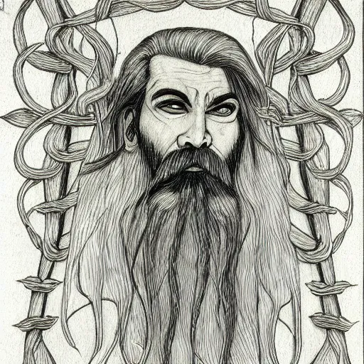 Prompt: bearded middle aged male druid gray skin pointy ears with vines as hair detailed fantasy drawing