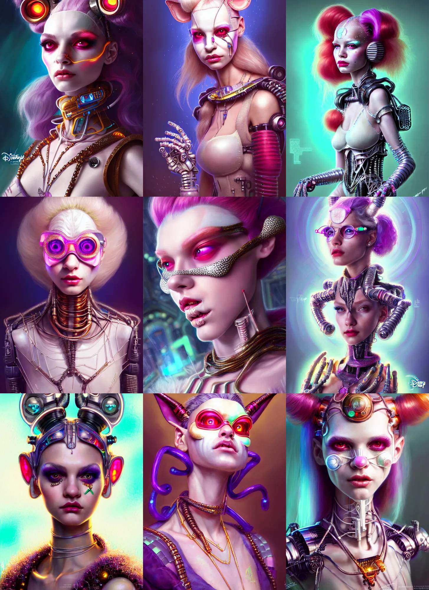 Prompt: disney weta portrait, soft lustrous biotech raver white clowncore circuit board cyborg, bling, hi - fructose, sci - fi fantasy cyberpunk intricate decadent highly - detailed digital painting, ever after high, octane render, artstation, concept art, smooth, sharp focus, illustration, art by artgerm, mucha, loish, wlop