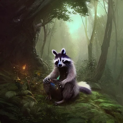 Image similar to magical raccoon druid in the forest, fantasy setting, Greg Rutkowski, trending on artstation, hyper detailed,