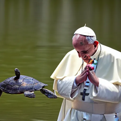 Prompt: cute photo of Pope Francis blessing pond turtle, HD photography, Canon eos r3, 8k resolution