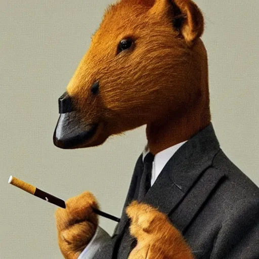 Image similar to a high detail photo of an antropomorphic capybara wearing a suit smoking a cigarrette, subject= duck, subject detail: wearing a suit, subject action: smoking a cigarrette photorealism