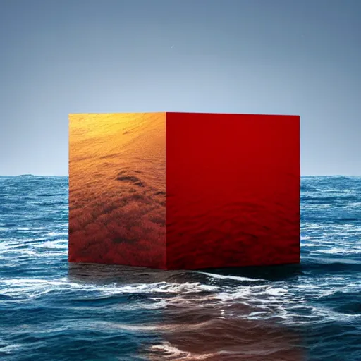 Image similar to a cube in the middle of the sea with images of a sea squall on its sides. in the style of Richard Serra