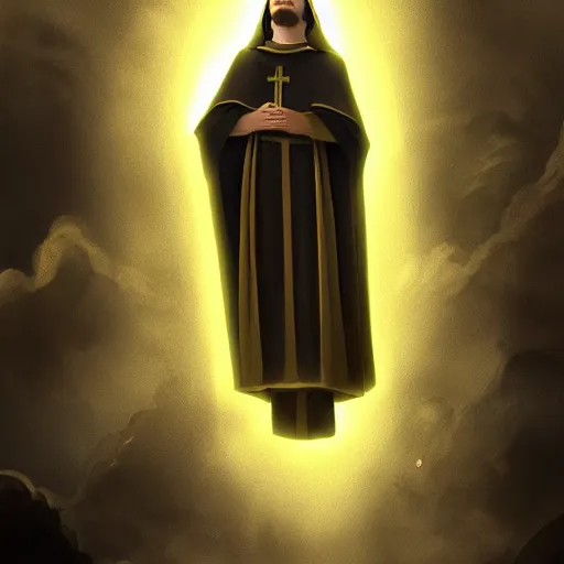 Prompt: A terrified young catholic priest at the top of a medieval tower watching in fear as an ominous yellow shadow descends upon him from the night sky. He is fervently praying but his eyes are wide open with fear. Low angle angle, dramatic lighting. Award-winning digital art, trending on ArtStation