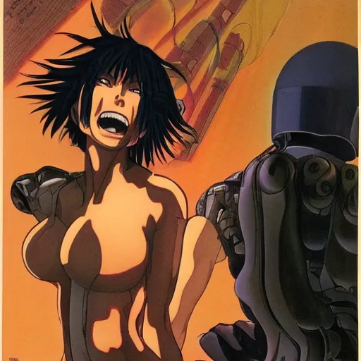 Prompt: laughing man, ghost in the shell, anime, by clyde caldwell, trending on deviantart