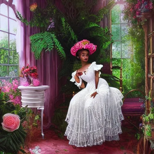 Image similar to fantasy, glow, shimmer, beautiful black victorian woman in a long white frilly lace dress and a large white hat, cow hoof feet, having tea in a sunroom filled with flowers, roses and lush fern flowers ,intricate, night, highly detailed, shows a leg,dramatic lighting