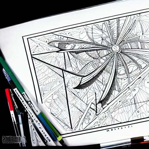 Image similar to Simplistic coloring book of a turbine blueprint, black ball pen on white paper, by Josan Gonzalez and Geof Darrow