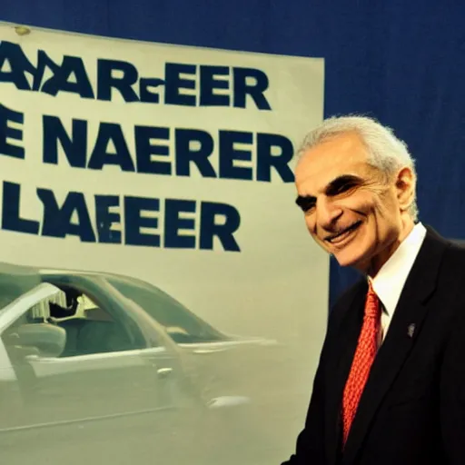 Image similar to ralph nader presidential campaign where he sets a bunch of cars on fire, green peace,