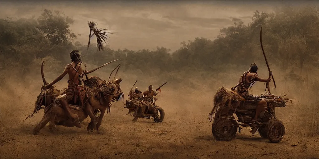 Image similar to photorealistic high speed photo ancient indian tribesman hunting on atv, wooden wheels, hunting buffalo herd ,attacking, chase, action scene, an epic fantasy, dramatic lighting, cinematic, establishing shot, extremely high detail, photorealistic, cinematic lighting, artstation, octane render, by simon stalenhag, horizon forbidden west,old photo, high speed photography, vintage, extreme sports