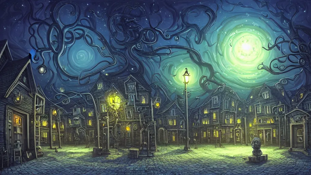 Image similar to empty lovecraftian town square surrounded by houses and inns. lovecraftian city at night by cyril rolando and naomi okubo and dan mumford and ricardo bofill. lovecraft. cobbled streets. oil lamp posts. lovecraftian statues. starry night sky. cthulhu.