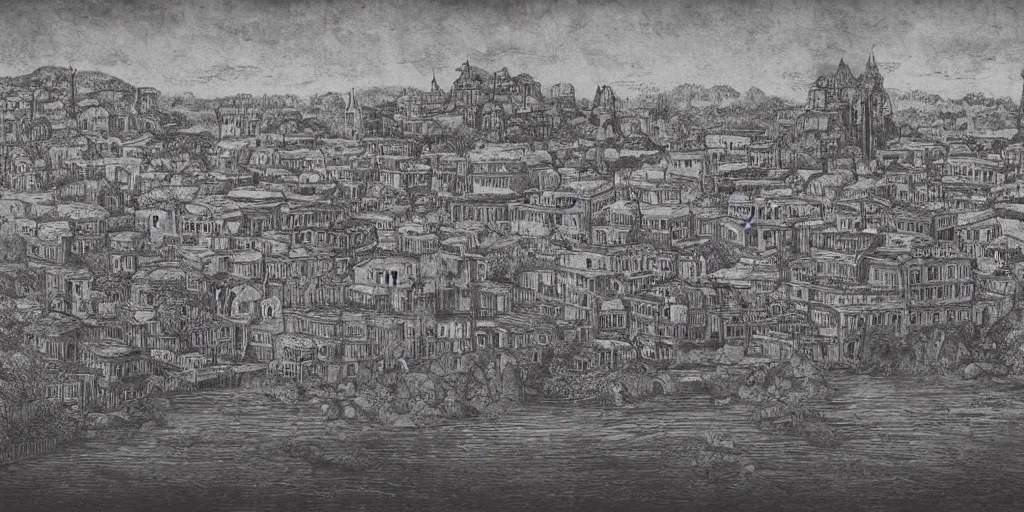 Image similar to Illustration, single long narrow huge ancient city on a narrow sky high bridge, over water, really long, all buildings on bridge