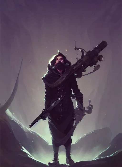 Image similar to low angle picture of a weapon master, holding a ego weapons to the camera, long black jacket, neat white beard and hair, bored, tired, smoking, ego weapons all over the place, squat down, intricate, masterpiece, epic fantasy illustrations by peter mohrbacher and anato finnstark and jeremy lipking