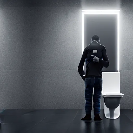 Prompt: photograph of a man with a urinal instead of his head begging for food, 8k resoloution, high detail, ULTRA REALISTIC VFX, reflections