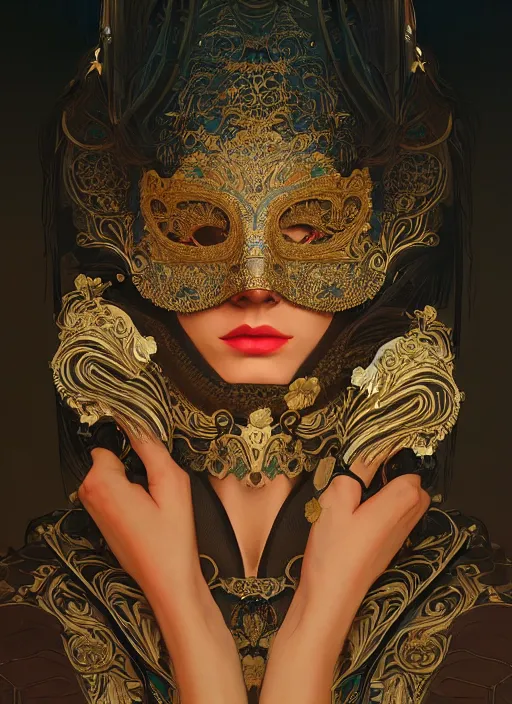 Prompt: a beautiful half - masked woman wearing a venetian mask, intricate, elegant, highly detailed, digital painting, artstation, smooth, sharp focus, cyberpunk darksynth, dramatic lighting, illuminated lines, outrun, vaporware, intricate venetian patterns, by ruan jia and ilya kuvshinov and alphonse mucha