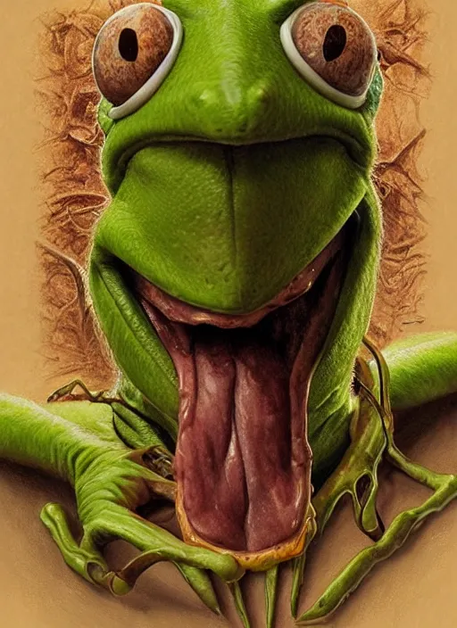 Image similar to portrait of Kermit the frog in Evil Dead (2013), highly detailed, centered, solid color background, digital painting, artstation, concept art, smooth, sharp focus, illustration, artgerm, donato giancola, Joseph Christian Leyendecker, Les Edwards, Ed Repka, WLOP