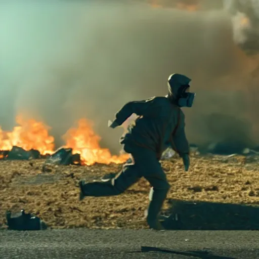 Image similar to A cinematic film still of a man in a hazmat suit running away from an explosion.