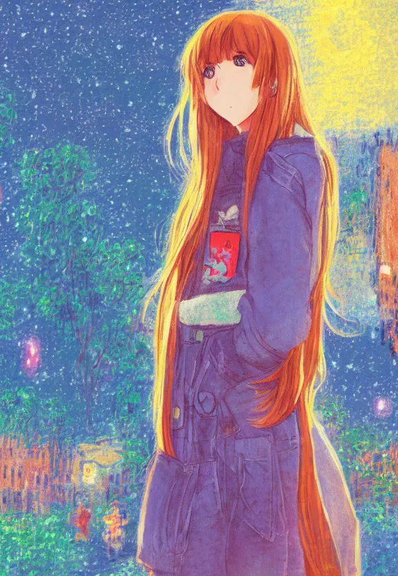 Image similar to wide angle portrait of a teenage girl, a thrifty outfit, somewhat of an anime in impressionist style, city street view background, starlit night sky, trending artwork, illustrated in anime painter studio, by claude monet