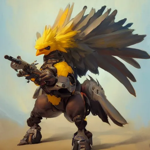 Image similar to greg manchess portrait painting of fully armored chocobo as overwatch character, out of control, medium shot, asymmetrical, profile picture, organic painting, sunny day, matte painting, bold shapes, hard edges, street art, trending on artstation, by huang guangjian and gil elvgren and sachin teng