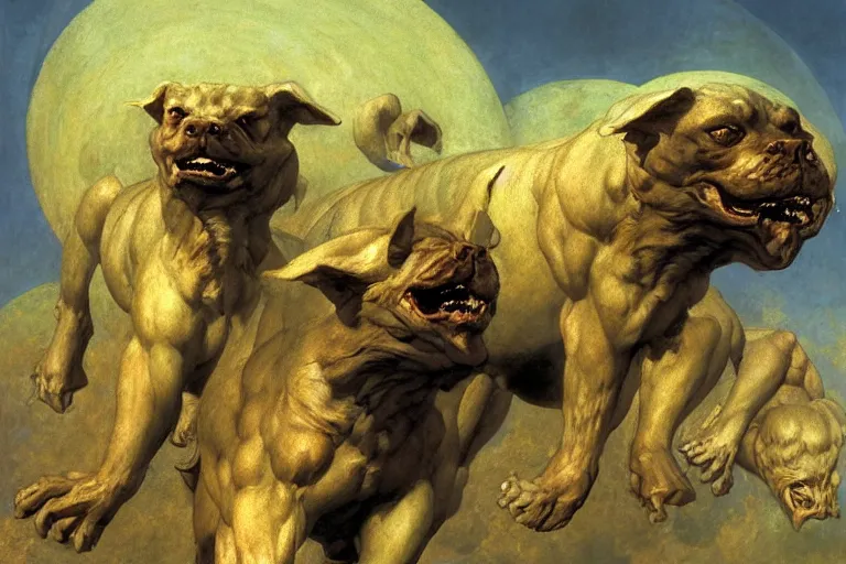 Image similar to hyperdetailed matte art of cerberus by william blake, ilya repin, amano, rene magritte, craig mullins