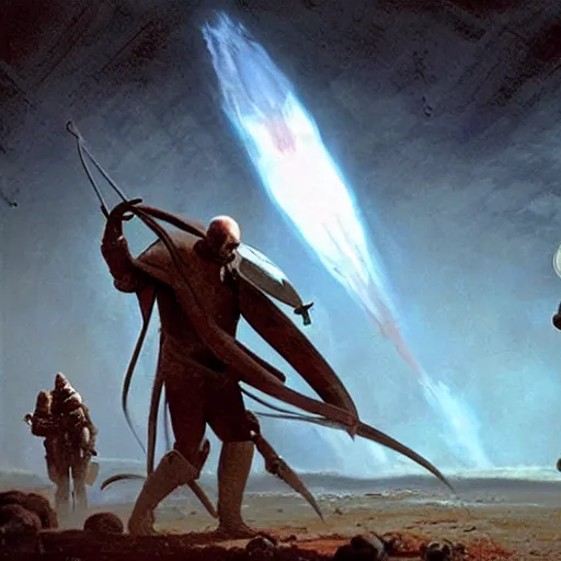 Image similar to pope francis fighiting against aliens in eerie atmospheric alien worlds by john schoenherr and glenn barr, epic cinematic matte painting,