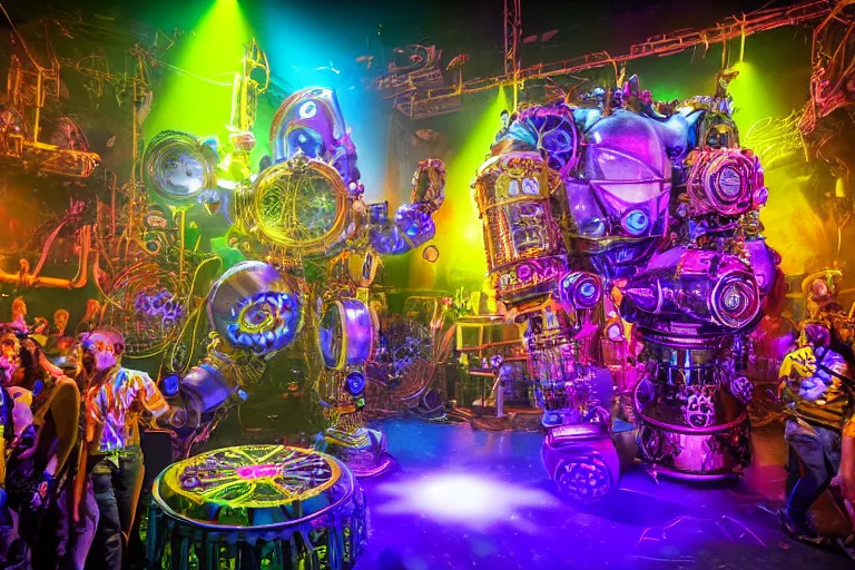 Image similar to scene is elrow party in amnesia ibiza, portrait photo of a giant huge golden and blue metal steampunk robot, with gears and tubes, eyes are glowing red lightbulbs, shiny crisp finish, 3 d render, 8 k, insaneley detailed, fluorescent colors, haluzinogetic, background is multicolored lasershow