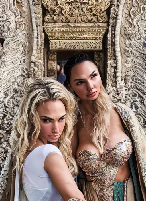 Image similar to portrait of lindsey pelas and gal gadot wearing kebaya in bali temple, by charlotte grimm, natural light, detailed face, beautiful features, symmetrical, canon eos c 3 0 0, ƒ 1. 8, 3 5 mm, 8 k, medium - format print, half body shot
