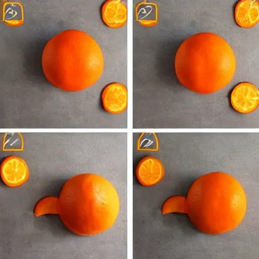 Image similar to making of an edible giraffe from an orange in 4 steps, each step is a progression from the last, starting from a whole orange, the beautiful'how to make food art step by step collection ', dslr